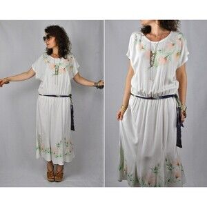 Vintage HAND PAINTED Floral Dress - 80s does 20s - Flapper Bias Cut Dress M to L